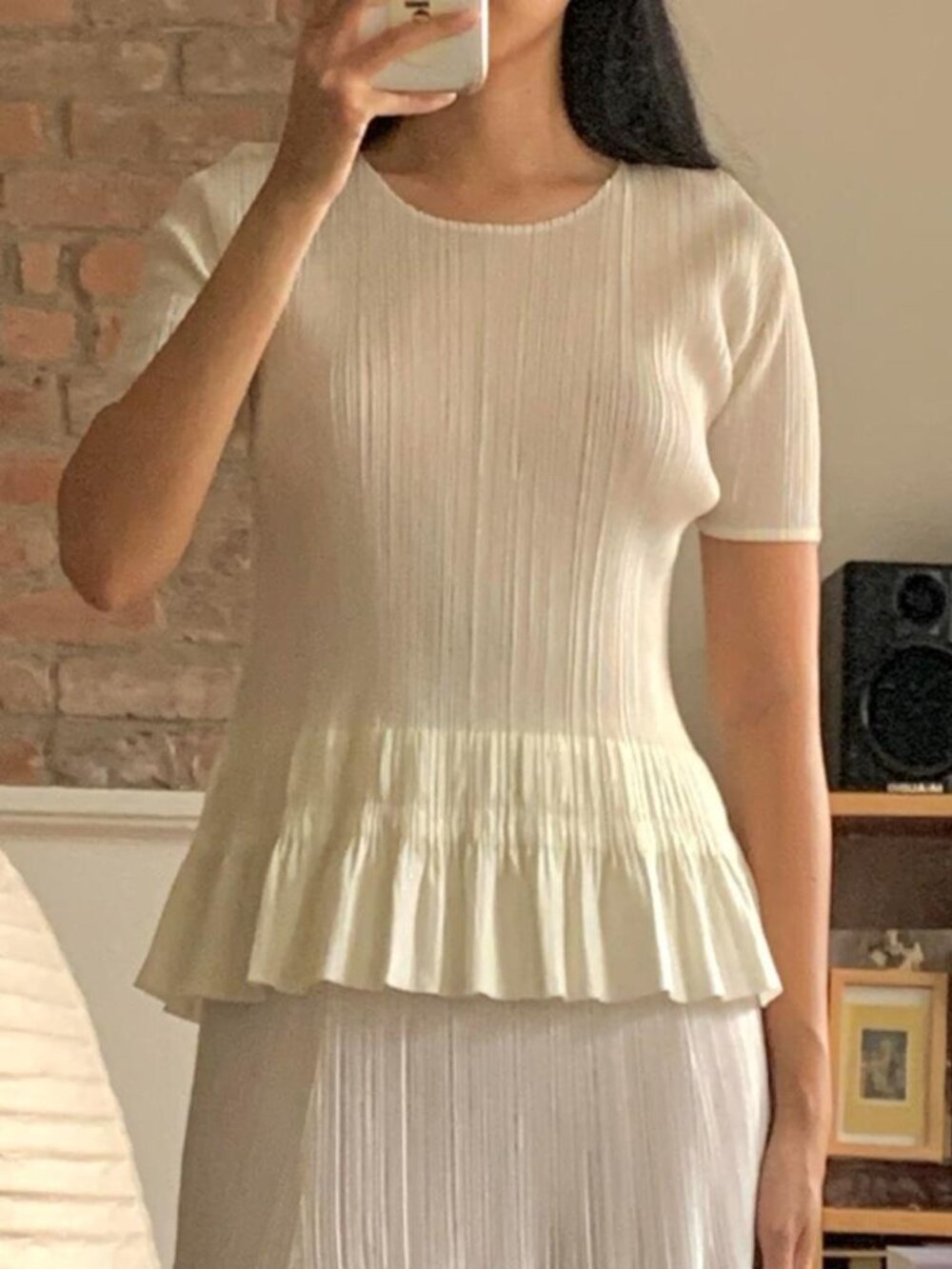 Issey Miyake Pleats Please Cotton Ruffle Top Ivory JP3